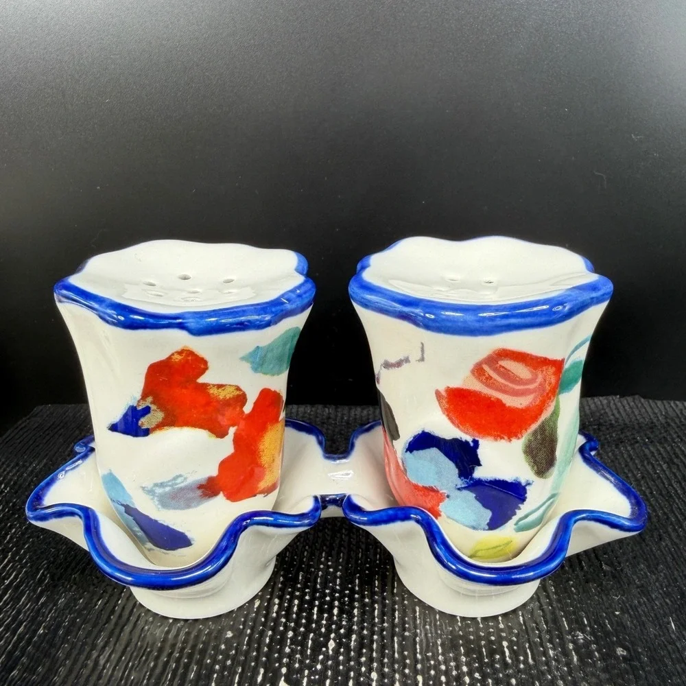 Anthropologie Luna Floral Ceramic Salt and Pepper Shaker Set with Tray New w Tag